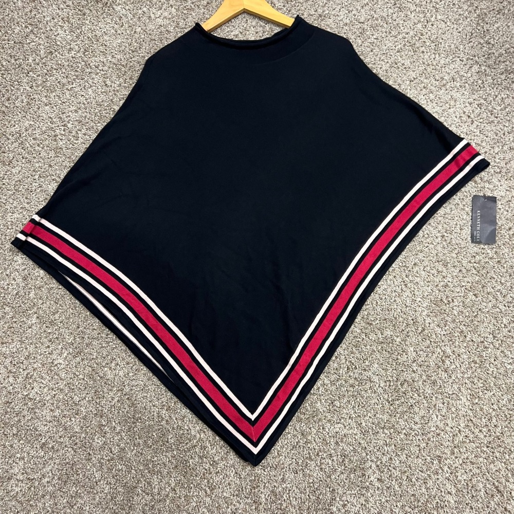 Kenneth Cole New York Womens Black Striped Knit Poncho Handkerchief Hem NWT